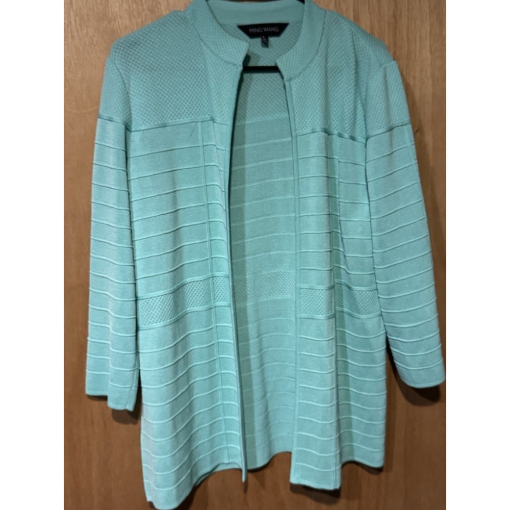 Ming Wang Cardigan Womens Large Turquoise Sweater Career 3/4 Sleeve